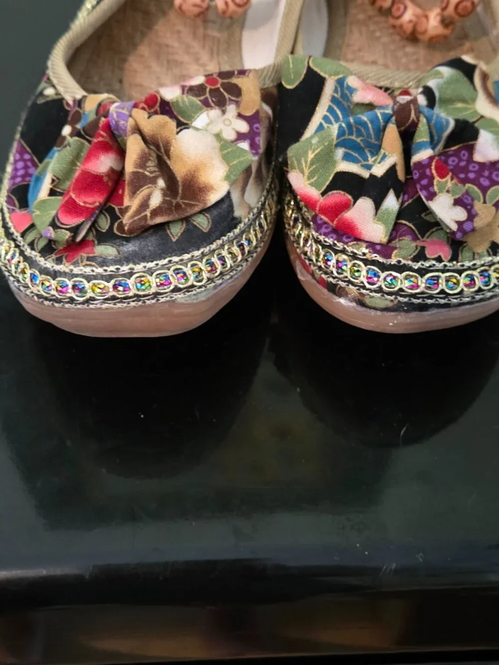 Wonderful ladies colorful beaded espadrille shoes with gold ankle ties